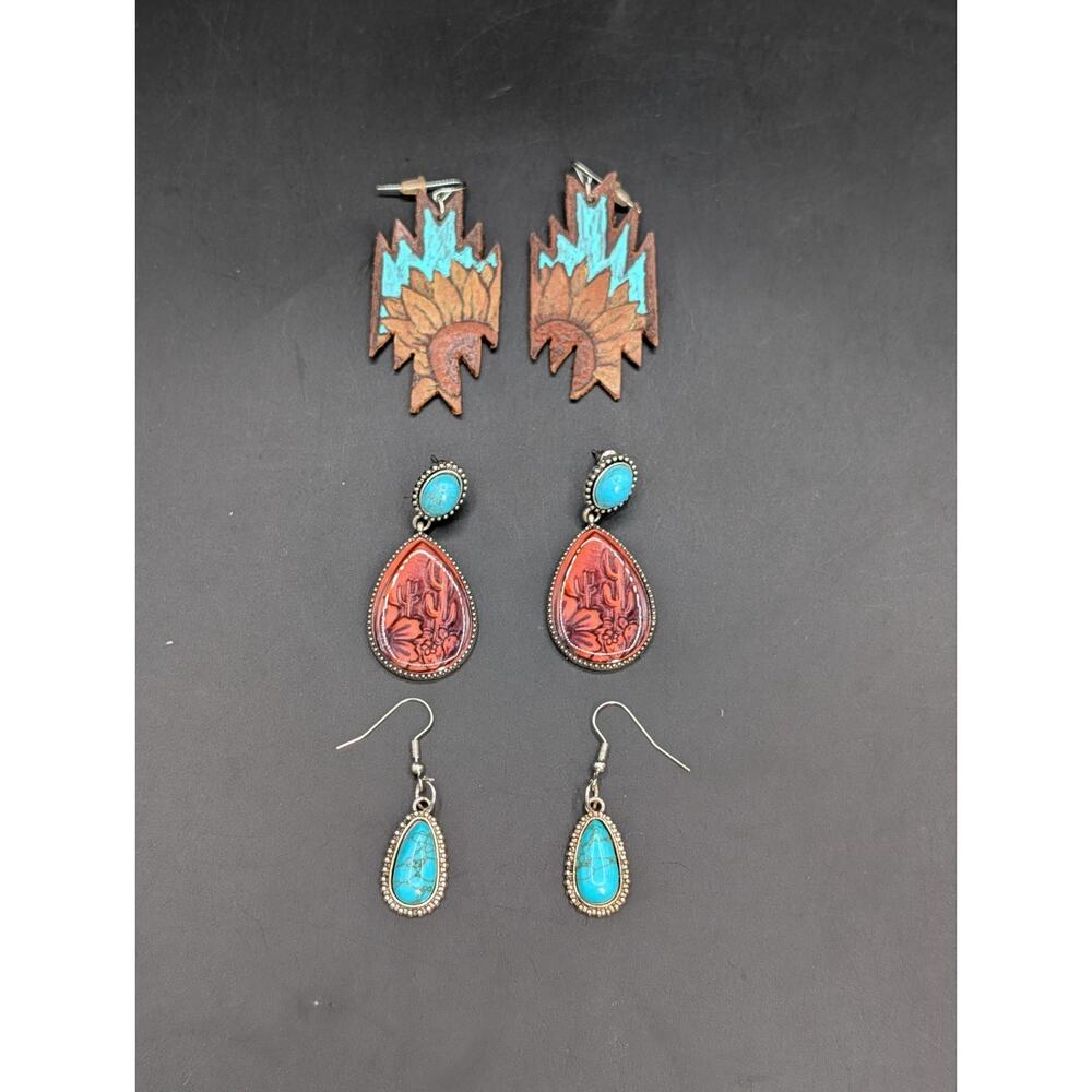 3 Pair Western Earring Lot Silver Tone Faux Turquoise Tooled Leather Sunflower